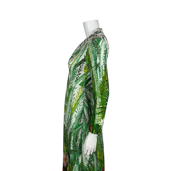Vintage 70s Tropical Dress Womens XS Deep V Green Botanical Maxi Empire Bust - Picture 11 of 13